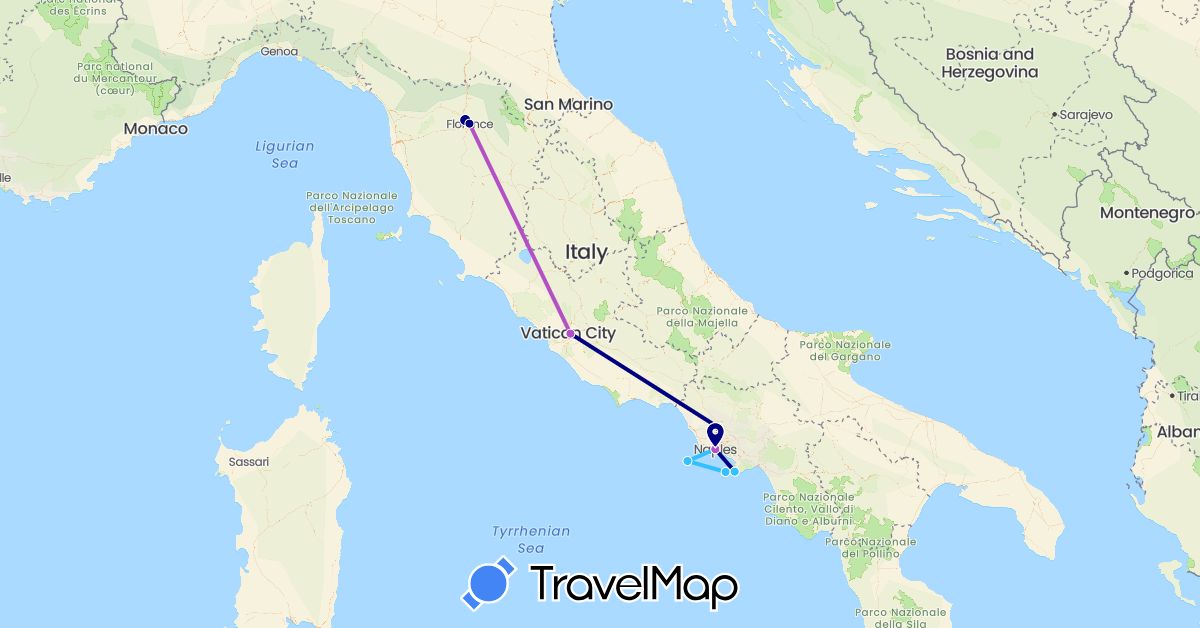 TravelMap itinerary: driving, plane, train, boat in Italy (Europe)